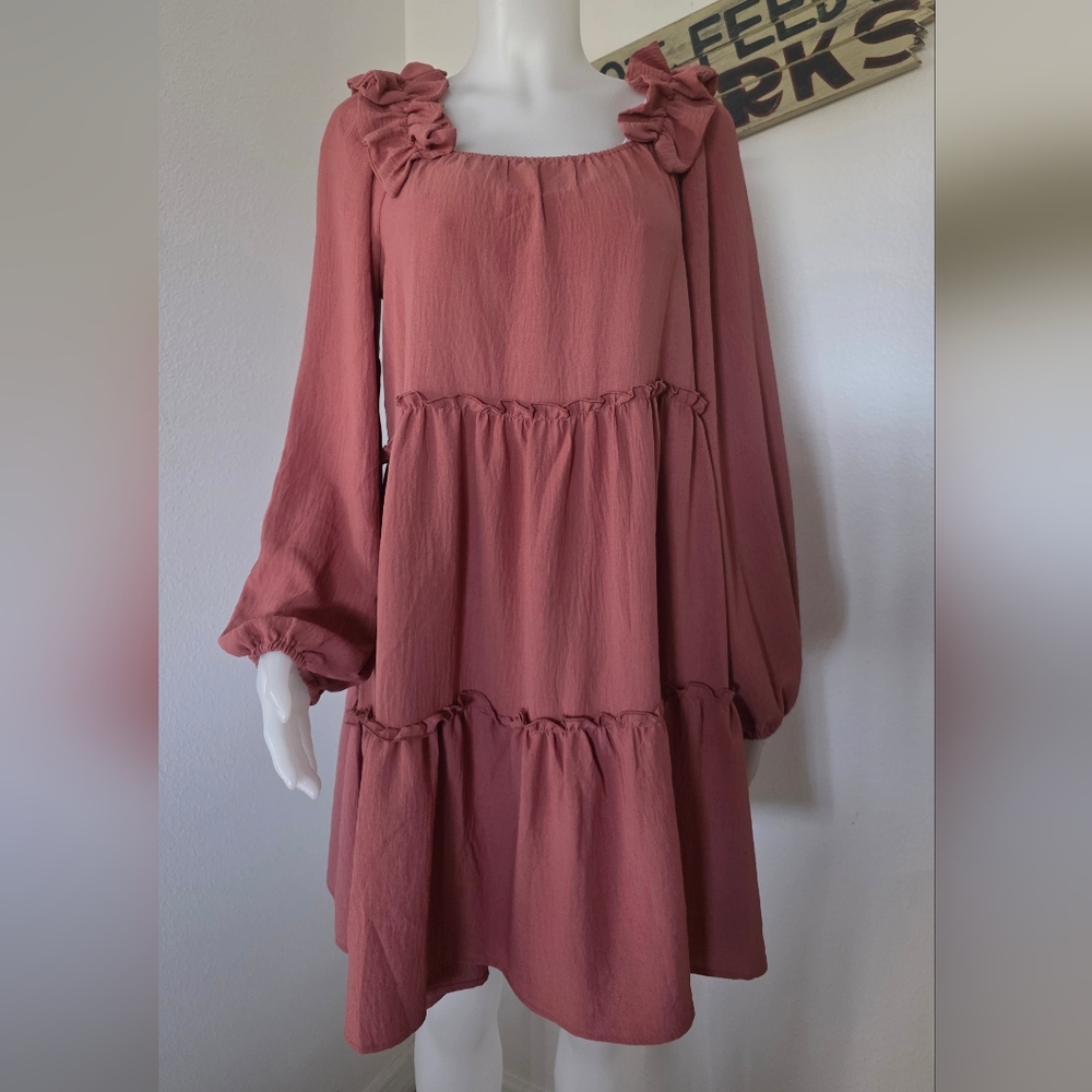 NWT Oddi Long Balloon Sleeve Knee Length Ruffled A - Line Boho Dress Size L